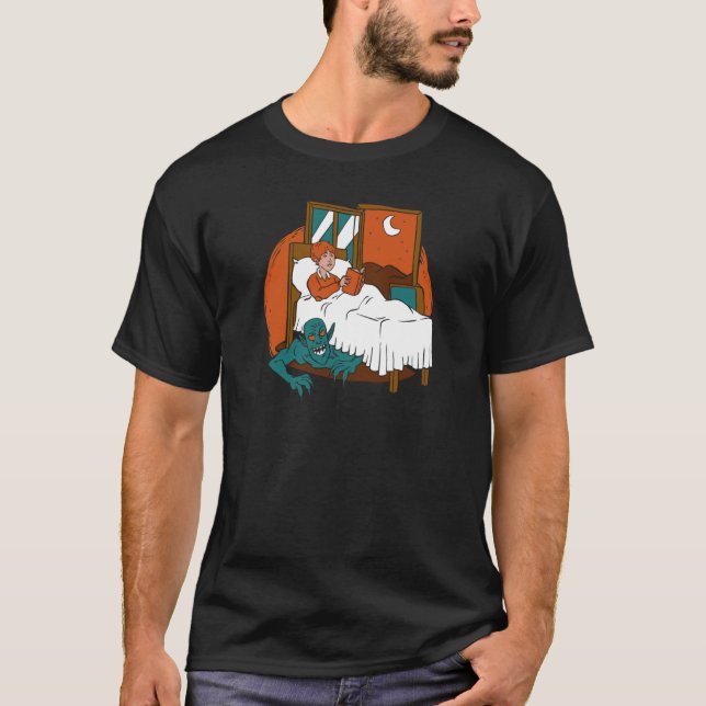 Daemon Hiding under a kids bed Cool Retro Story T-Shirt (Front)
