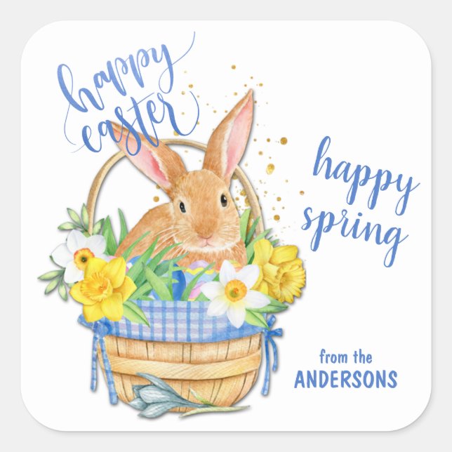 Daffodil and Blue Gingham Easter Bunny Basket Square Sticker (Front)