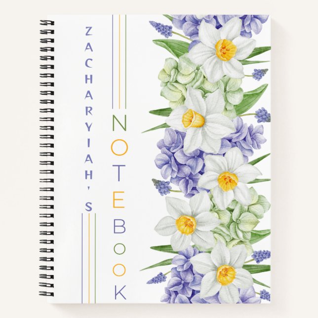 Daffodil and Hydrangea Personalised Floral  Notebook (Front)