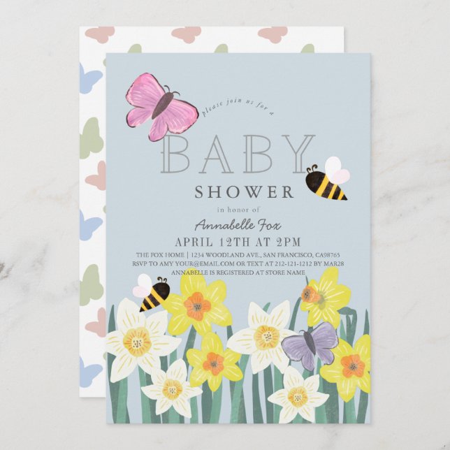 Daffodil Butterfly Bee Floral Baby Shower Invitation (Front/Back)