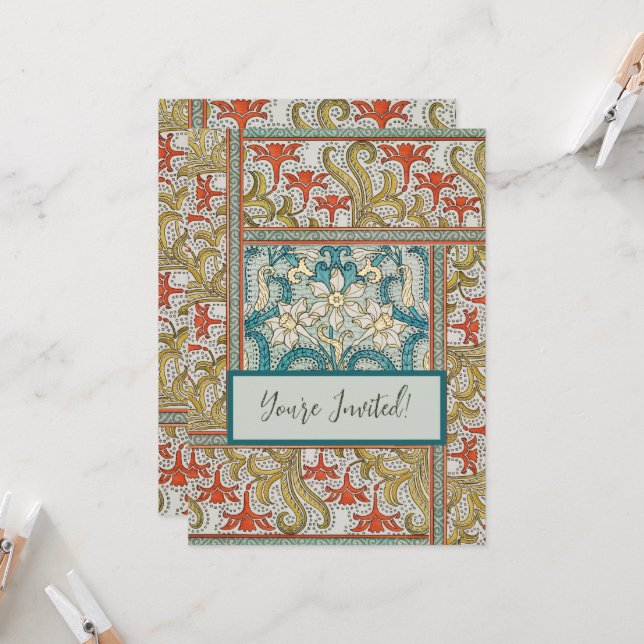 Daffodil chintz art nouveau flower wallpaper invitation (Front/Back In Situ)