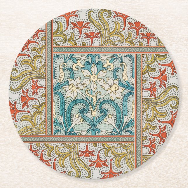 Daffodil chintz art nouveau flower wallpaper round paper coaster (Front)