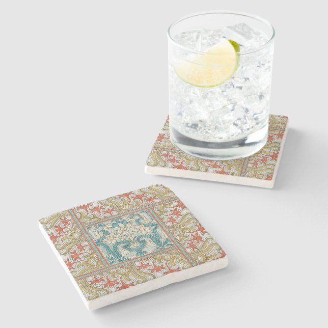 Daffodil chintz art nouveau flower wallpaper stone coaster (Side)