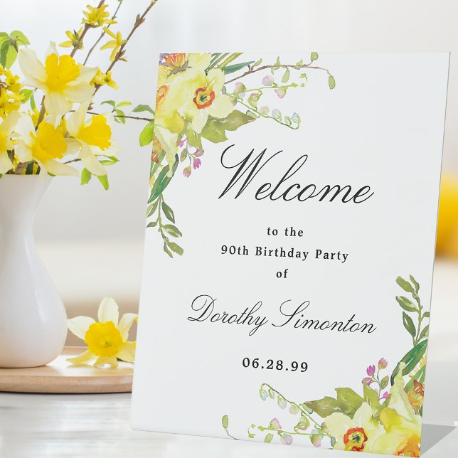 Daffodil Floral 90th Birthday Party Welcome Pedestal Sign (Creator Uploaded)