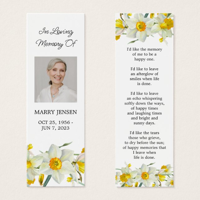 Daffodil Floral Photo Funeral Memorial Bookmark (Front & Back)