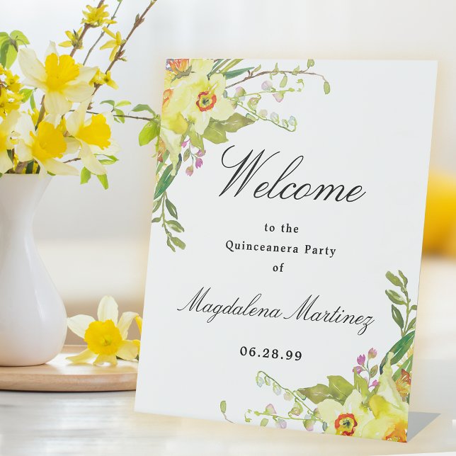 Daffodil Floral Quinceanera Party Welcome Pedestal Sign (Creator Uploaded)