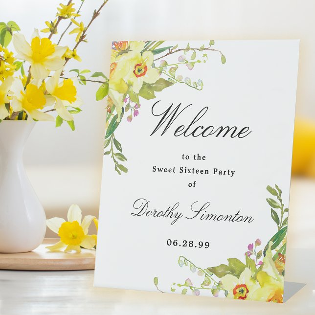 Daffodil Floral Sweet 16 Party Welcome Pedestal Sign (Creator Uploaded)