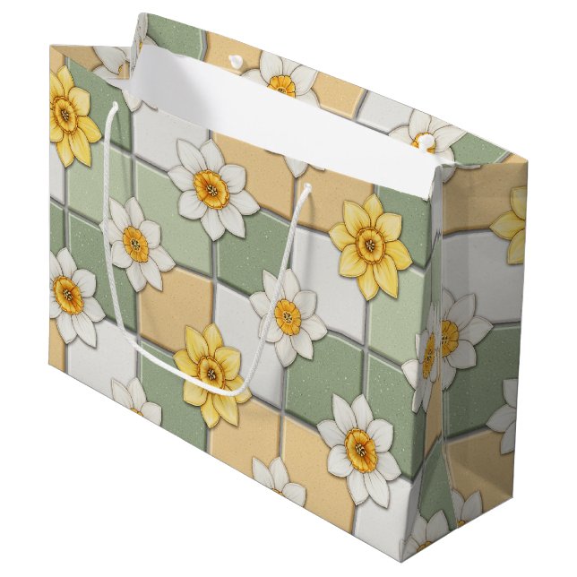 Daffodil Floral Tile Pattern Large Gift Bag (Front Angled)