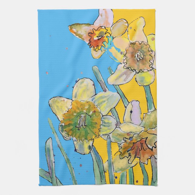 Daffodil Flower Floral Spring Watercolour Blue Tea Towel (Vertical)