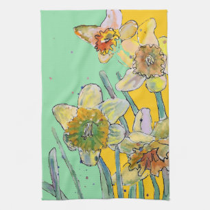 Daffodil Flower Floral Spring Watercolour Mint Tea Towel
