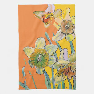 Daffodil Flower Floral Spring Watercolour Orange Tea Towel