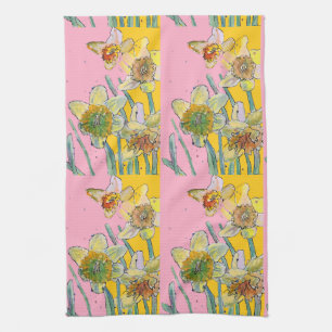 Daffodil Flower Floral Spring Watercolour Pink Tea Towel