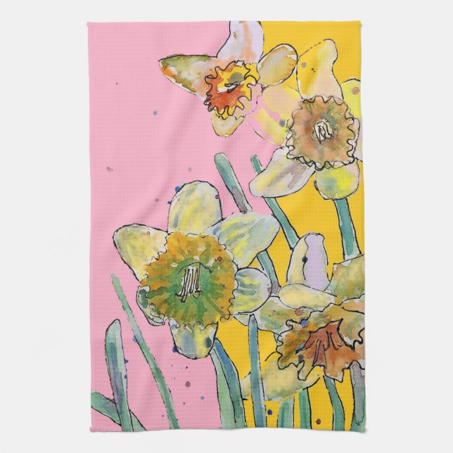 Daffodil Flower Floral Spring Watercolour Pink Tea Towel (Vertical)