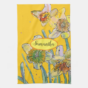 Daffodil Flower Floral Spring Watercolour Yellow T Tea Towel