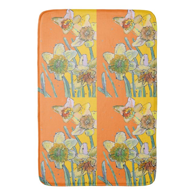 Daffodil Flower Floral Watercolor Orange Bath Mat (Front Vertical)