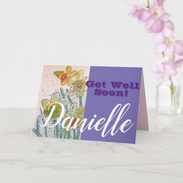 Daffodil Flower Get Well Soon Womans Name Card (Orchid)