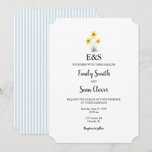 Daffodil Flower Wedding Monogram Blue Stripe Invitation