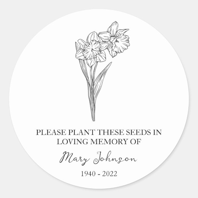 Daffodil Memorial Funeral Seed Packet Classic Round Sticker (Front)