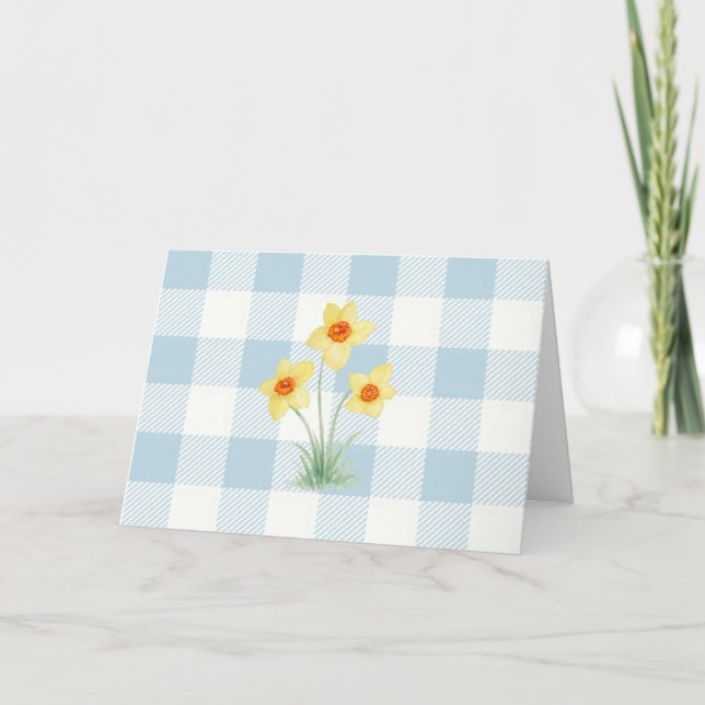 Daffodil Painting Blue Gingham Pattern Card (Front)