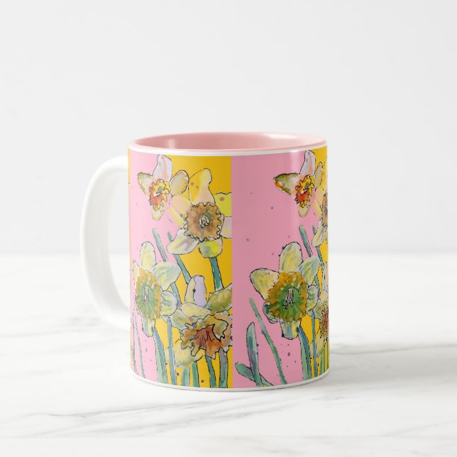 Daffodil Painting Hand Painted Yellow Pink floral  Two-Tone Coffee Mug (Front Left)
