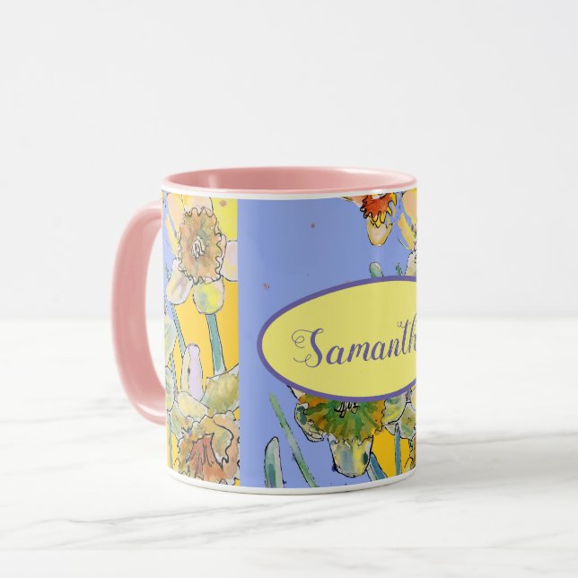 Daffodil Painting Watercolor Yellow Purple floral  Mug (Front Left)