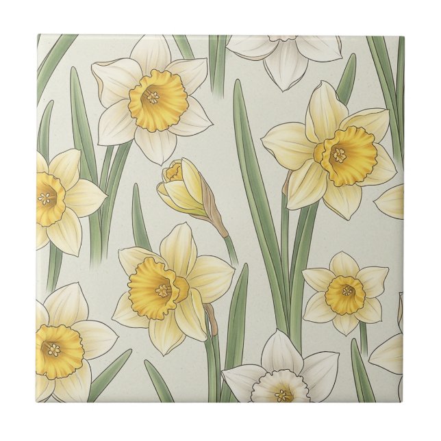 Daffodil Spring Floral in Soft Yellow and Green 3 Ceramic Tile (Front)