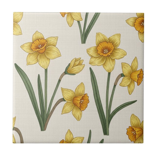 Daffodil Spring Floral in Soft Yellow and Green 5 Ceramic Tile (Front)