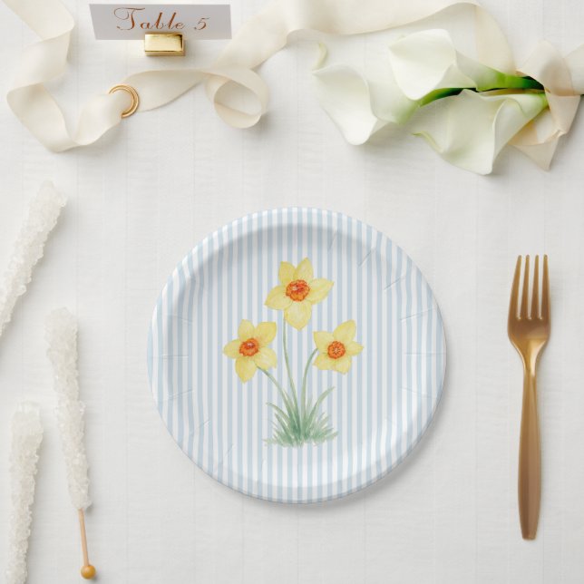 Daffodil Spring Flower Custom Wedding Blue Stripe Paper Plate (Wedding)