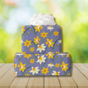 Daffodil spring flowers pattern on Blue  Wrapping Paper