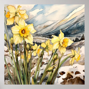 Daffodil Under Snow Wall Art, Floral Square Poster