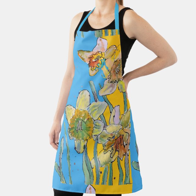 Daffodil Watercolor Blue Flower Floral Kitchen Apron (Insitu)