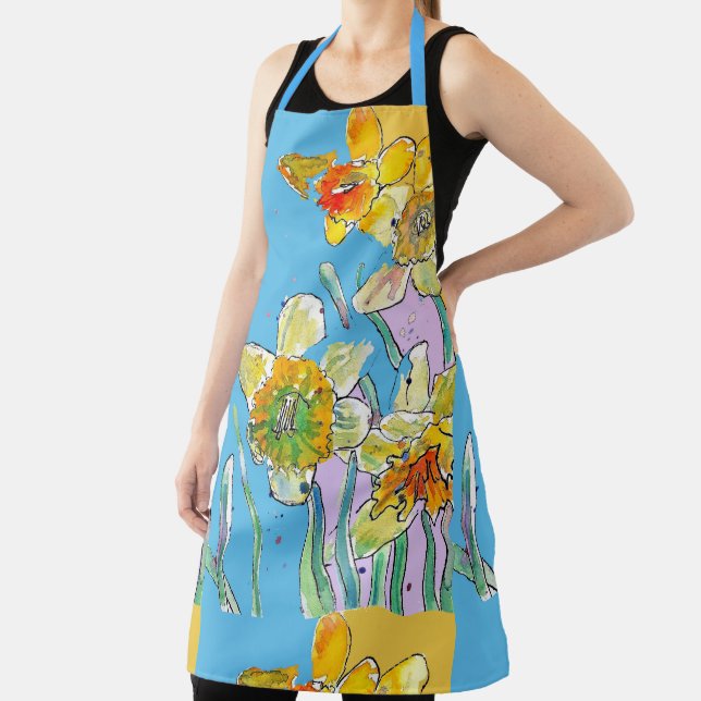 Daffodil Watercolor Flower Blue floral Apron (Insitu)