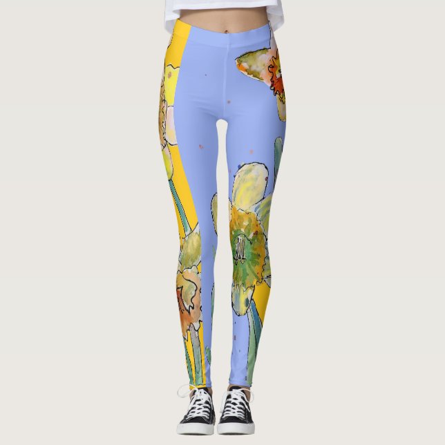 Daffodil Watercolor Flower Lilac Floral Leggings (Front)