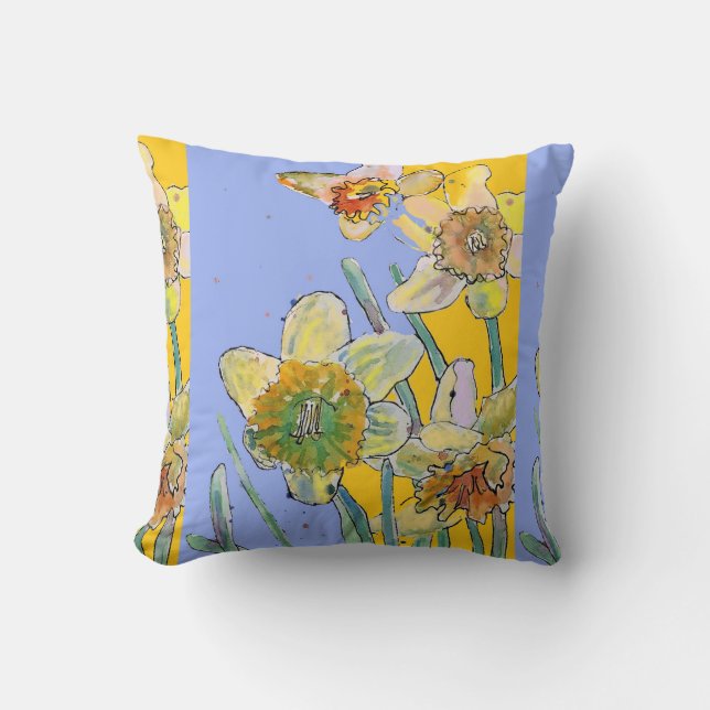 Daffodil Watercolor Yellow Flower floral Cushion (Front)