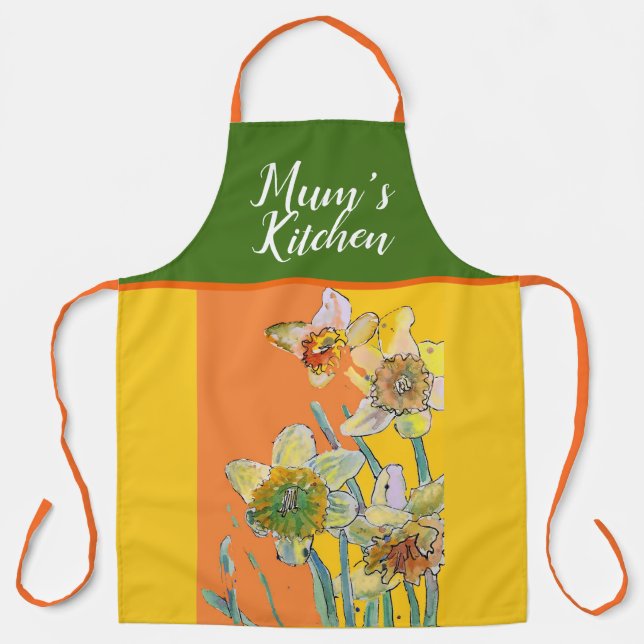 Daffodil Watercolor Yellow Orange Mums Kitchen Apron (Front)