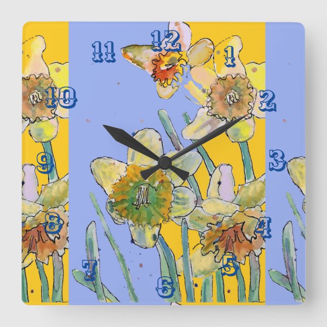 Daffodil Watercolour Womans Yellow Purple Art Square Wall Clock (Front)