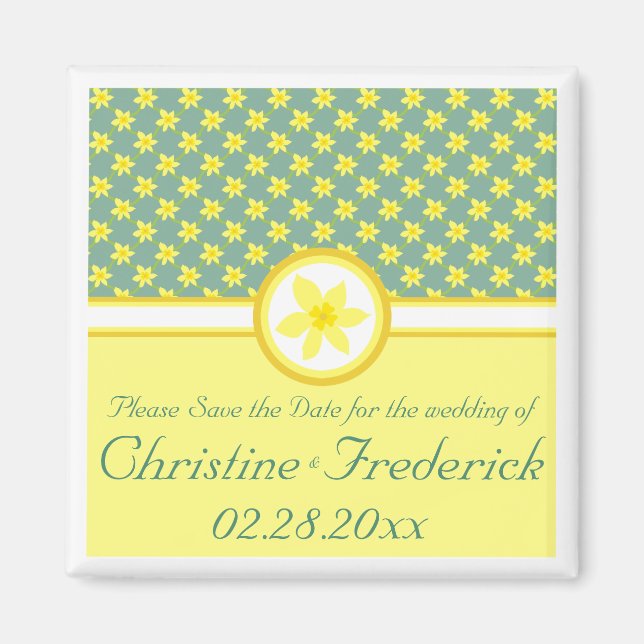 Daffodil Wedding, square save the date magnet (Front)