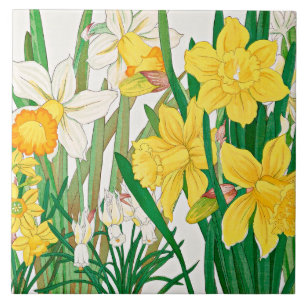 Daffodil Woodblock Painting Ceramic Tile