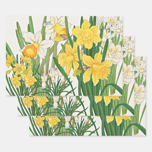 Daffodil Woodblock Painting Wrapping Paper Sheet (Set)