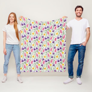 Daffodil Yellow, Iris Purple, Hyacinth Pink Floral Fleece Blanket