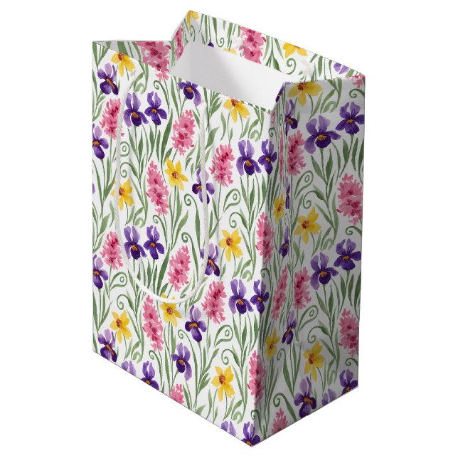 Daffodil Yellow, Iris Purple, Hyacinth Pink Floral Medium Gift Bag (Back Angled)