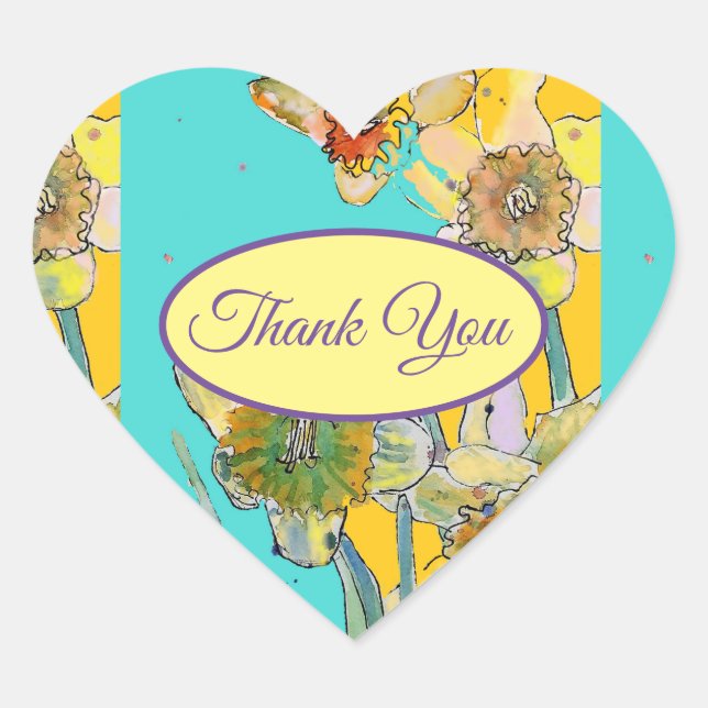 Daffodil YellowFlower floral Thank You Pattern  Heart Sticker (Front)