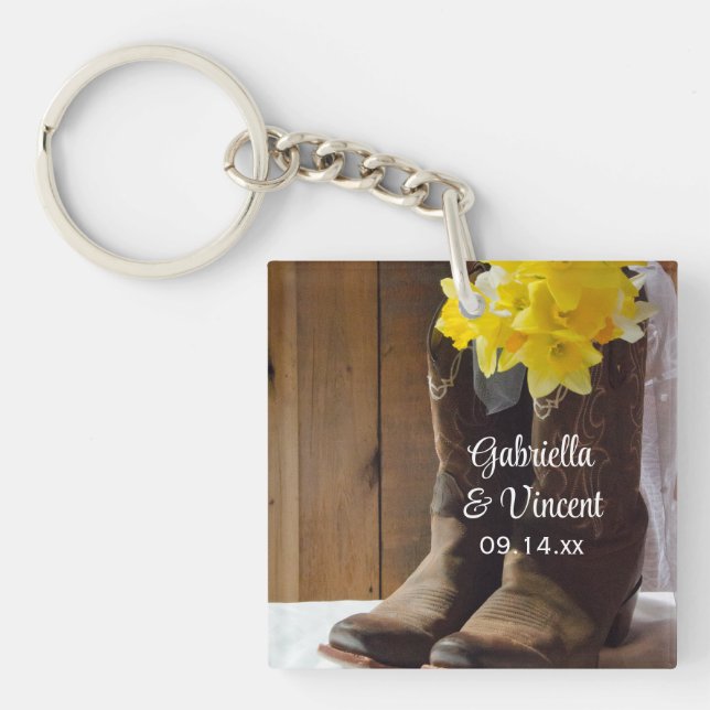 Daffodils and Cowboy Boots Country Western Wedding Key Ring (Front)