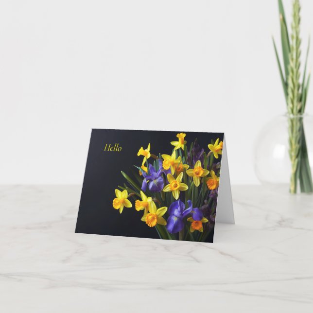 Daffodils and iris on a dark background note card (Front)