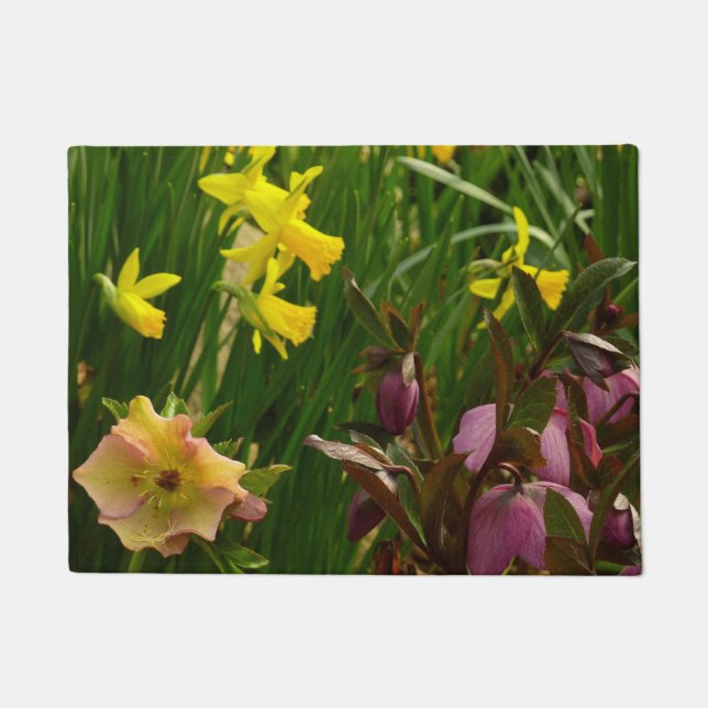 Daffodils and Lenten Roses Colourful Floral Doormat (Front)