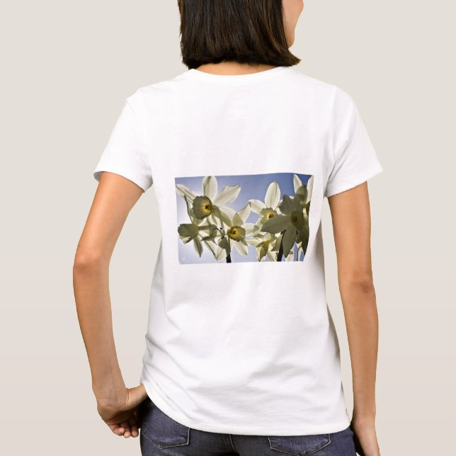 Daffodils blooming with a spring blue sky T-Shirt (Back)