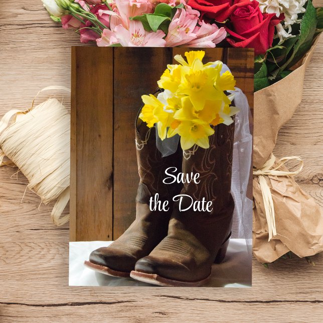 Daffodils Cowboy Boots Barn Wedding Save the Date Announcement Postcard (Creator Uploaded)