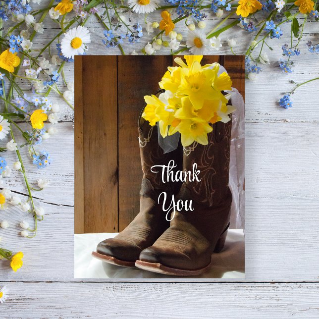 Daffodils Cowboy Boots Western Wedding Thank You Postcard (Creator Uploaded)