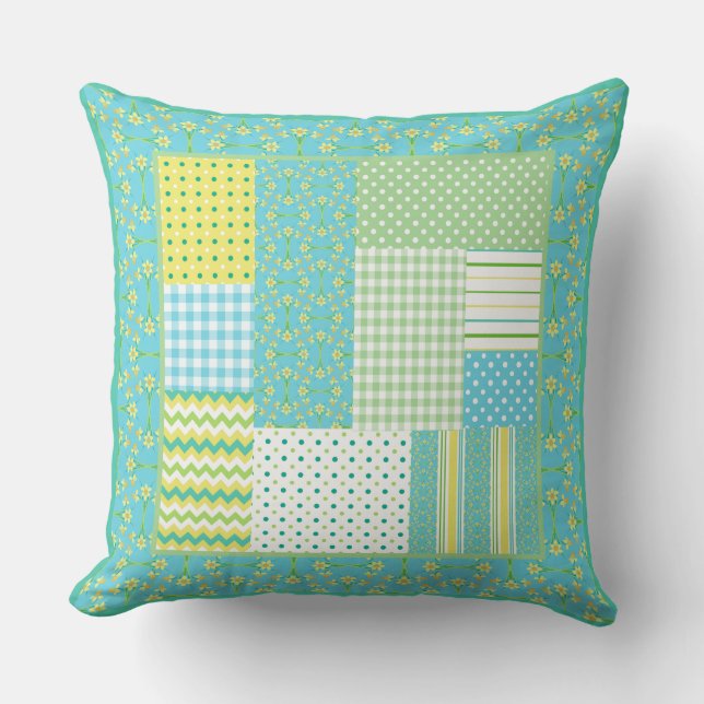 Daffodils Faux-patchwork Checks, Polkas, Stripes Cushion (Front)