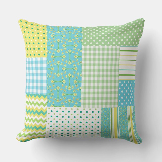 Daffodils Faux-patchwork Floral, Polkas, Checks Cushion (Front)